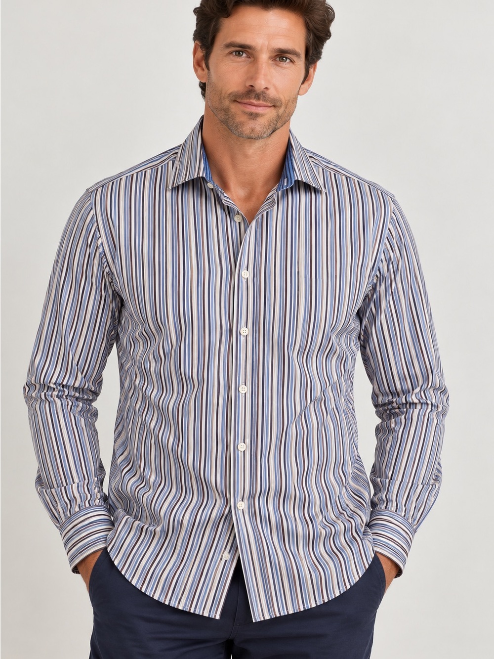 Tailorbyrd Blue and White Multi-Stripe Button-Down Shirt